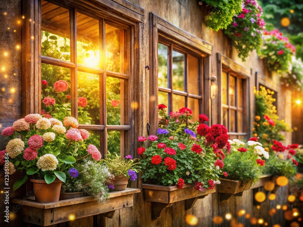 Fototapeta premium Vintage Flower Decorated Windows: Bokeh Effect Stock Photo