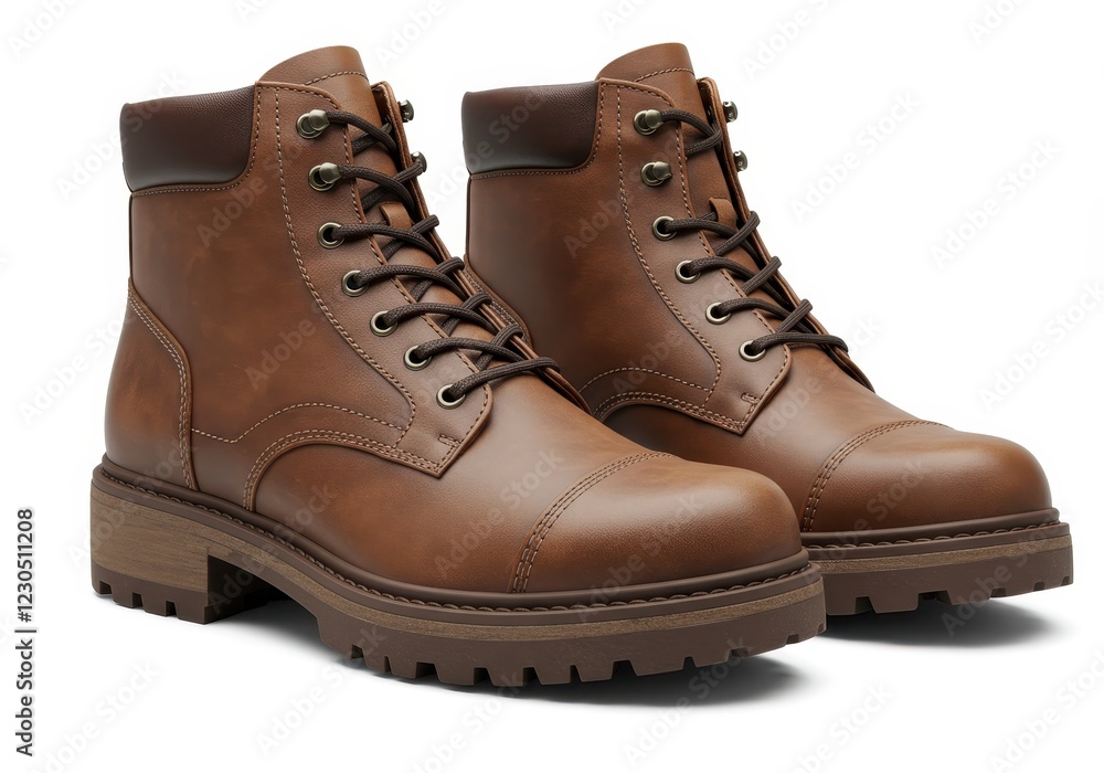 A pair of rugged brown leather boots with lace-up design and thick rubber soles isolated on a white background A pair of rugged brown leather boots with lace-up design and thick rubber soles isolated on a white background
