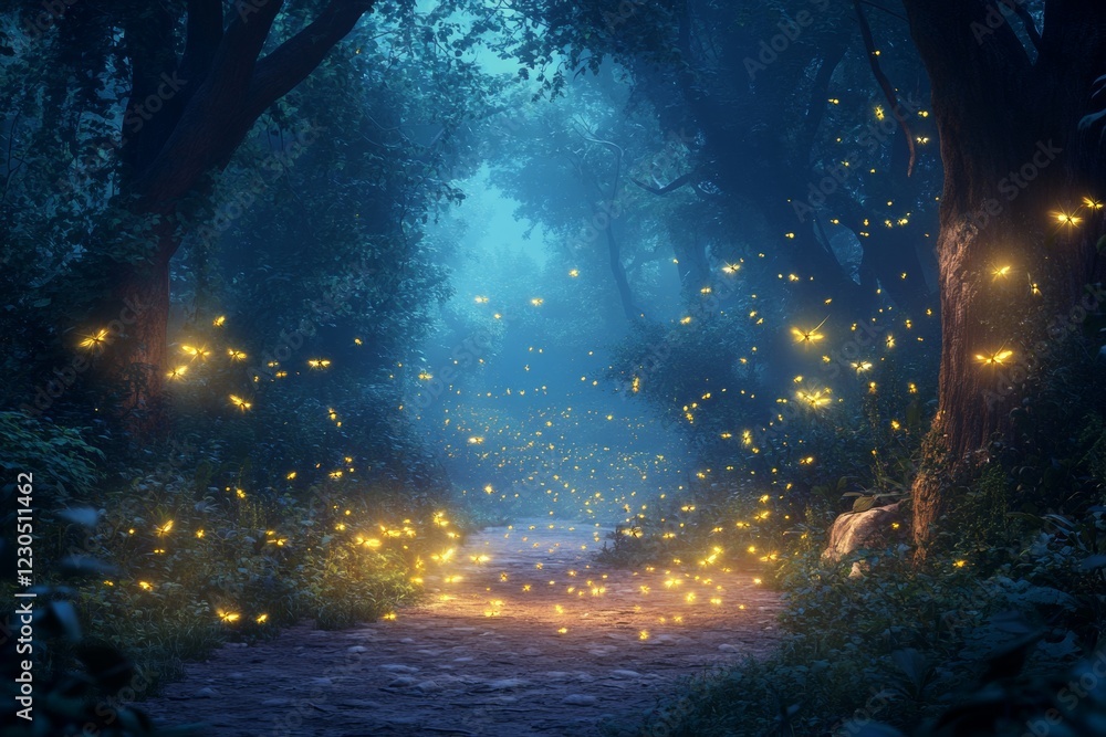 Soft ambient light fills the dense forest as countless fireflies dance along a winding path at twilight. The enchanting glow creates a serene and mystical atmosphere Soft ambient light fills the dense forest as countless fireflies dance along a winding path at twilight. The enchanting glow creates a serene and mystical atmosphere
