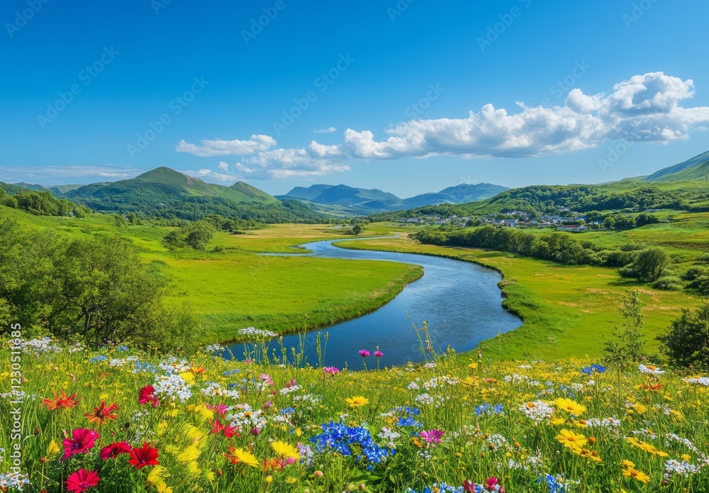 Scenic landscape with vibrant flowers, flowing river, and rolling hills under a clear blue sky on a sunny day in nature