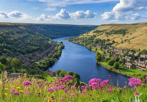 A picturesque landscape unfolds before your eyes, showcasing a stunning river 
