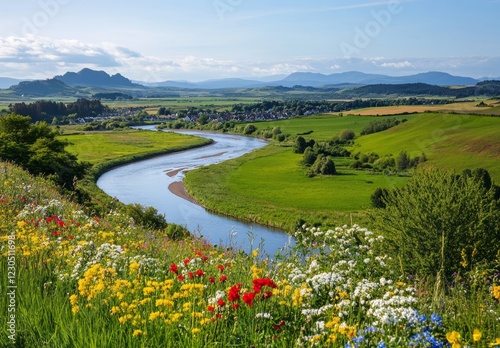Obraz na płótnie Scenic river winding through lush green hills and vibrant wildflowers in a peaceful countryside landscape during the day w salonie
