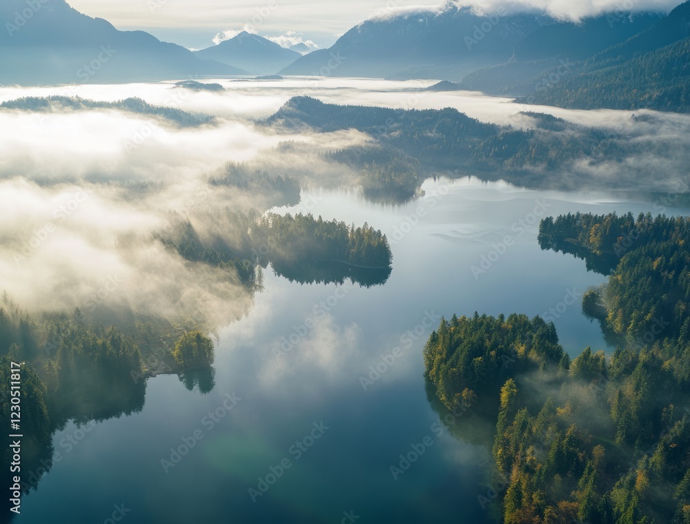 Scenic aerial view of mist-covered lake and surrounding mountains in early morning light, showcasing natural beauty and tranquility in a serene wilderness setting