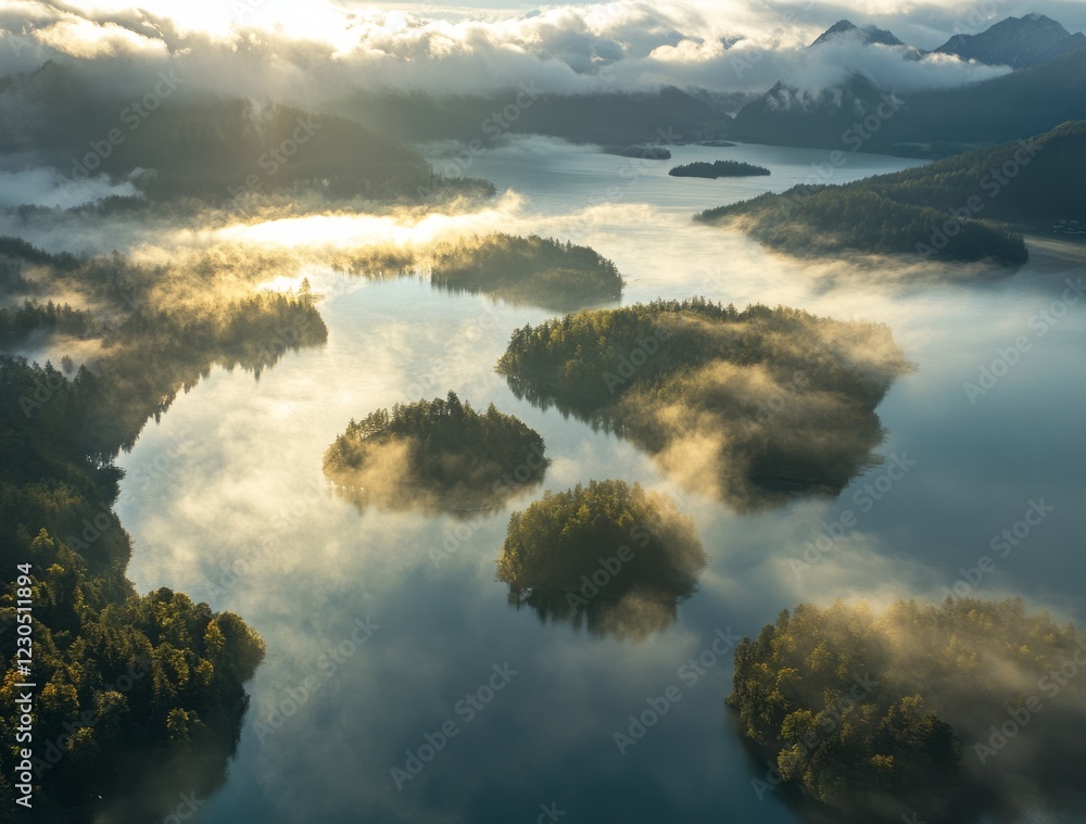 Fog blankets the serene landscape of a lake surrounded by lush islands during the early morning hours