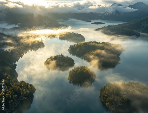 Obraz na płótnie Fog blankets the serene landscape of a lake surrounded by lush islands during the early morning hours w salonie