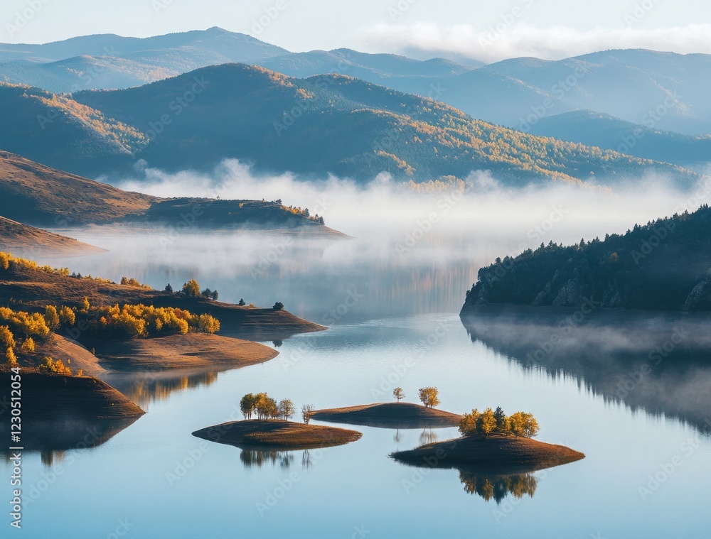Morning mist envelops tranquil lake with distant mountains and autumn trees reflecting in still waters