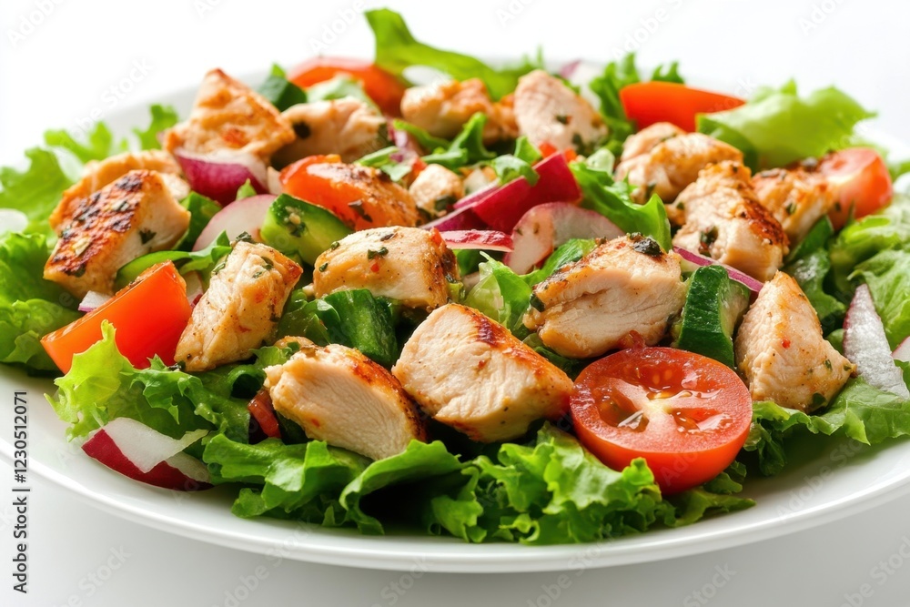 Appetizing summer salad with meat, tomatoes, radishes, spinach and lettuce, healthy summer breakfast in a white plate on a white background, healthy food concept, weight loss food Appetizing summer salad with meat, tomatoes, radishes, spinach and lettuce, healthy summer breakfast in a white plate on a white background, healthy food concept, weight loss food