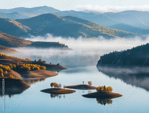 Obraz na płótnie Morning mist envelops tranquil lake with distant mountains and autumn trees reflecting in still waters w salonie