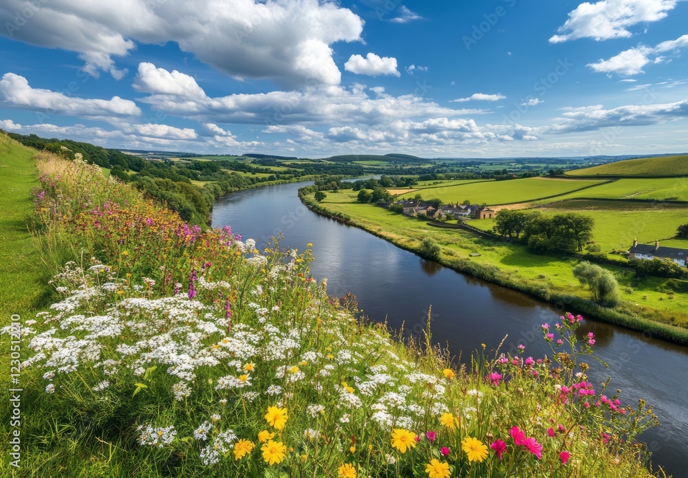 It’s a brilliantly sunny day beside the river, where vibrant wildflowers bloom and rolling green hills stretch across the picturesque countryside