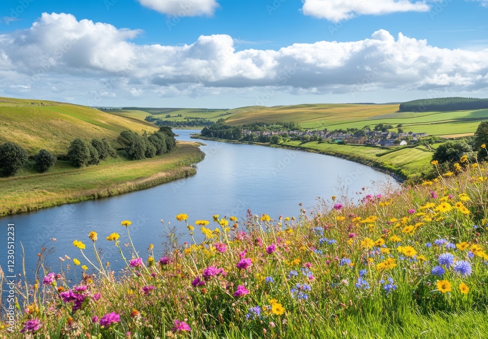 Vibrant wildflowers line a serene river flowing through lush green hills under a bright blue sky in a tranquil countryside setting