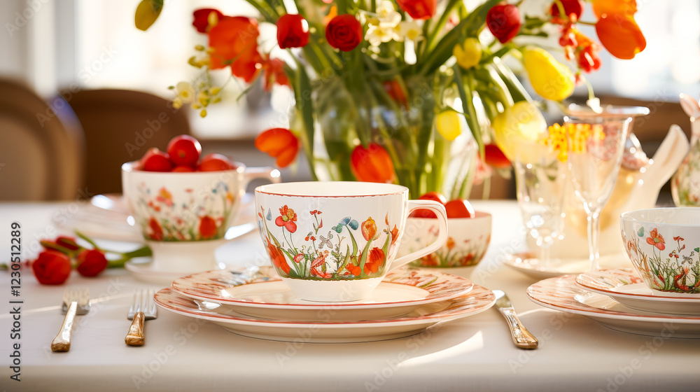 Elegant spring table setting with floral china and vibrant flowers for a delightful gathering