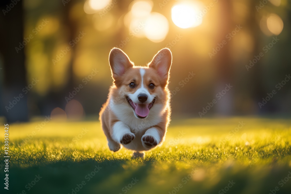Playful corgi puppy running through green grass in a sunny outdoor environment Playful corgi puppy running through green grass in a sunny outdoor environment