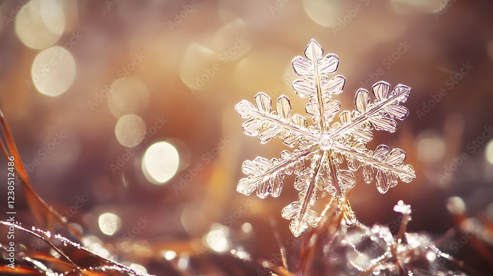 Stunning Closeup of a Single Perfect Snowflake on Winter Grass Stunning Closeup of a Single Perfect Snowflake on Winter Grass