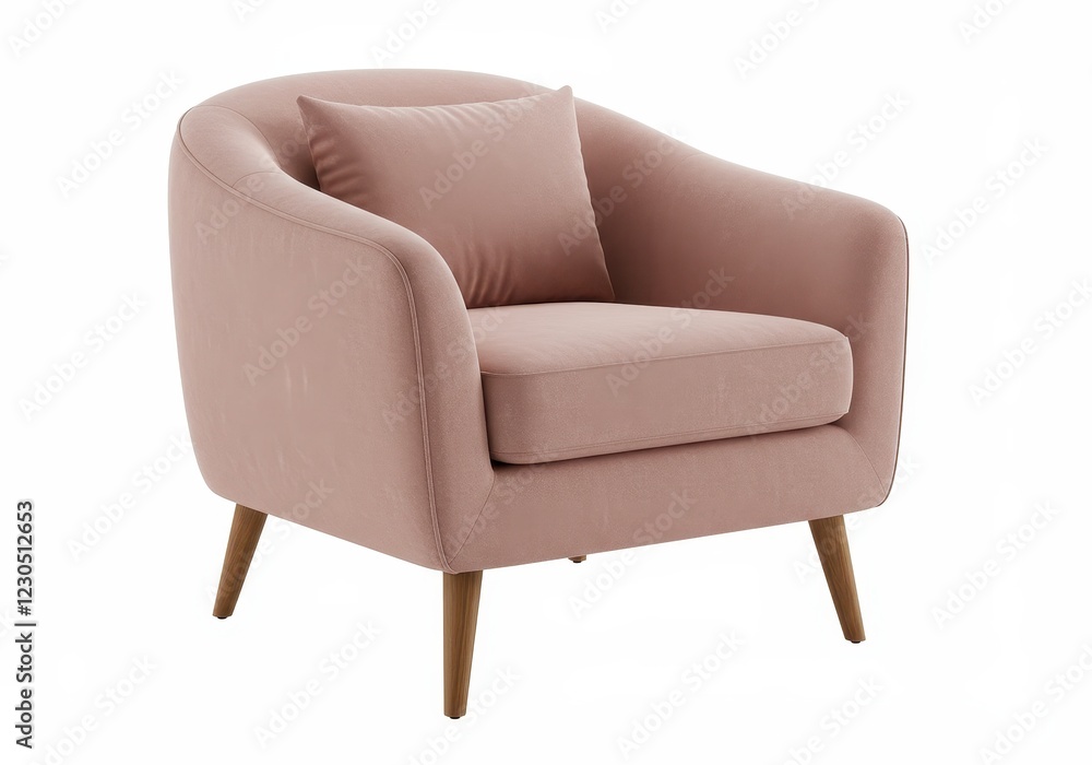 Fototapeta premium A modern upholstered armchair in soft pink fabric with wooden legs isolated on a white background