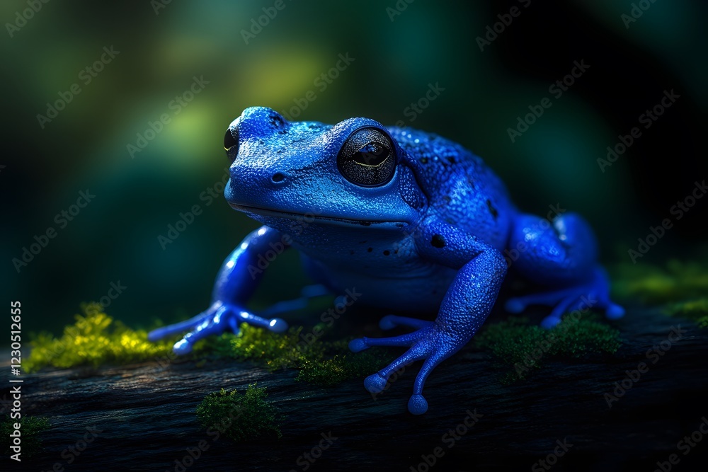 Vibrant blue poison dart frog sitting on a log in natural habitat near water Vibrant blue poison dart frog sitting on a log in natural habitat near water