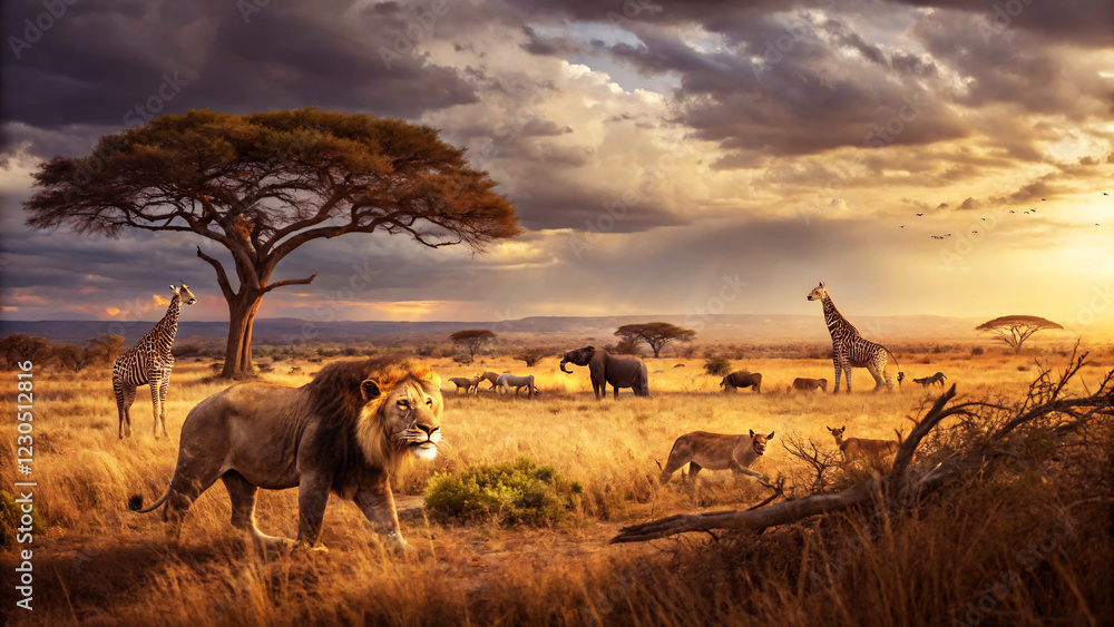 Obraz premium Majestic Lions in African Savanna at Sunset