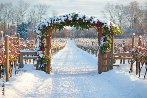 A wintery vineyard with snow-covered grapevines and festive decorations, creating a unique and serene holiday scene photo