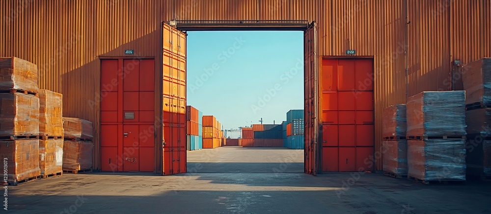 Fototapeta premium Open warehouse doors revealing a spacious container yard with stacked cargo awaiting transport