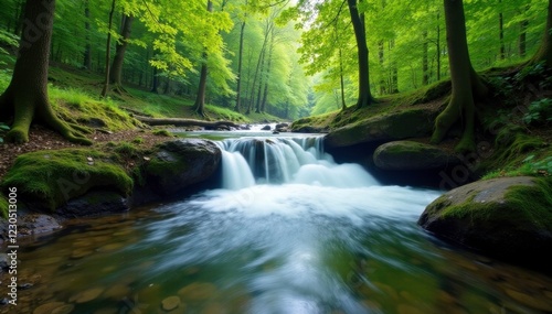 Waterfall on Wetilna river in Bieszczady Mountains reserve, wildlife photography, forest, trees