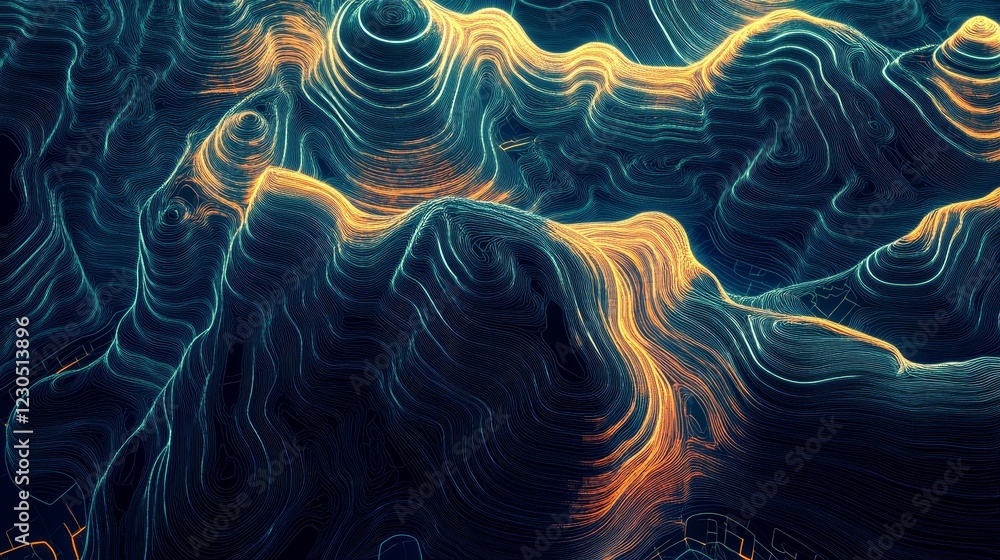 Fototapeta premium Explore a surreal abstract mountain landscape featuring vibrant neon lines and curved patterns. This digital artwork offers a unique visual experience.