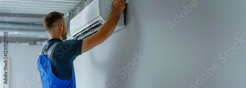 Obraz na płótnie A man in a blue uniform installs an air conditioning unit on a gray wall. Concept of home maintenance and repair. For home repair services. w salonie