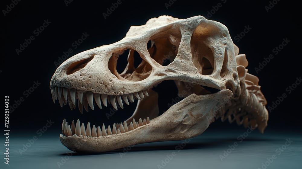A detailed close-up of a dinosaur skull, showcasing its intricate bone structure and sharp teeth, suitable for educational materials, museum displays, or creative projects related to paleontology, A detailed close-up of a dinosaur skull, showcasing its intricate bone structure and sharp teeth, suitable for educational materials, museum displays, or creative projects related to paleontology,
