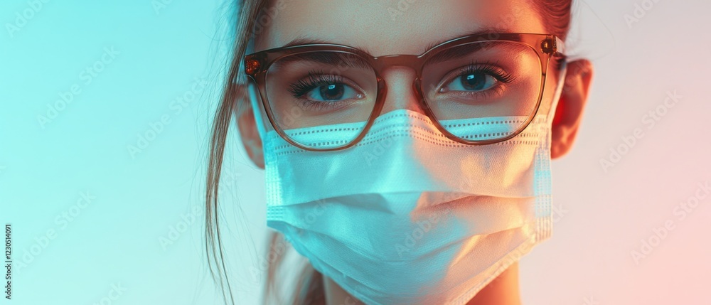 Closeup portrait of a young white woman wearing a surgical face mask and glasses, with a colorful light background Concept of healthcare, protection, and pandemic Closeup portrait of a young white woman wearing a surgical face mask and glasses, with a colorful light background Concept of healthcare, protection, and pandemic