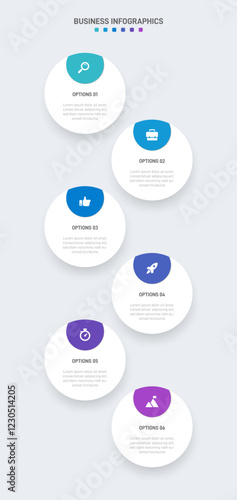 Vertical progress bar featuring 6 arrow-shaped elements, symbolizing the six stages of business strategy and progression. Clean timeline infographic design template. Vector for mobile presentation.