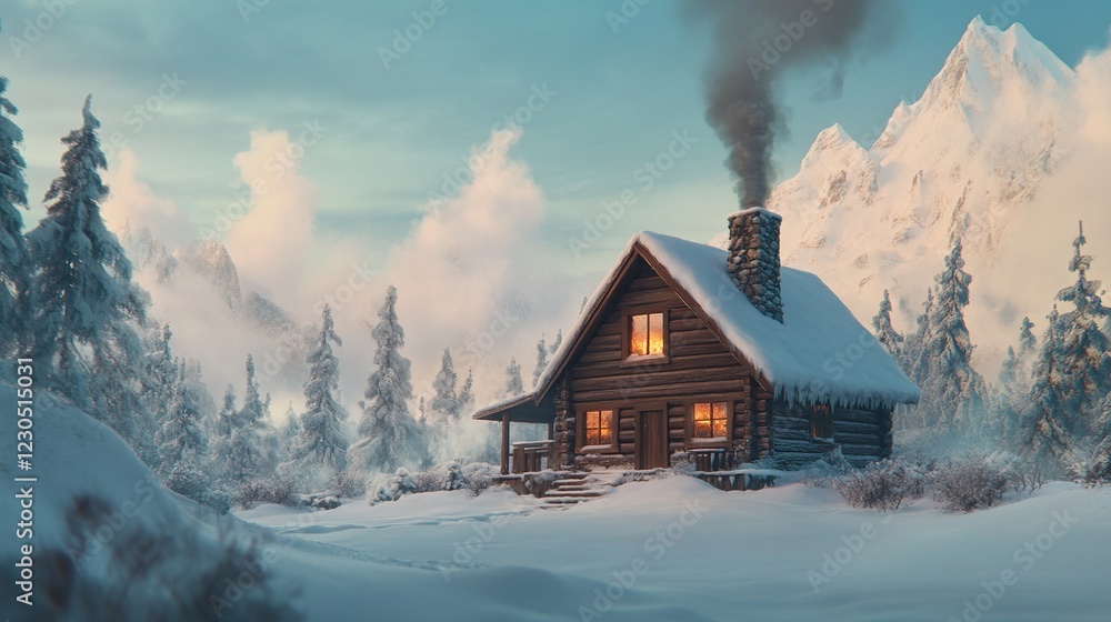 A cabin sits nestled in a snowy winter A cabin sits nestled in a snowy winter