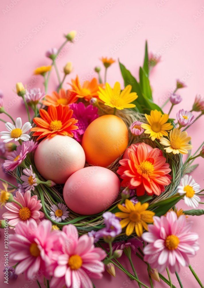 Colorful easter eggs surrounded by vibrant spring flowers on a pastel pink background easter egg holiday illustration celebration easter Colorful easter eggs surrounded by vibrant spring flowers on a pastel pink background easter egg holiday illustration celebration easter