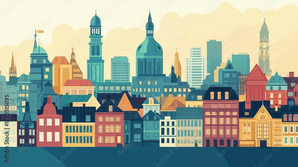 Fototapeta premium Illustration, Cityscape of Copenhagen, the capital city of Denmark, touristic advertisement poster. Beautiful city of Copenhagen. Must-see touristic spot. Famous spot in Europe.