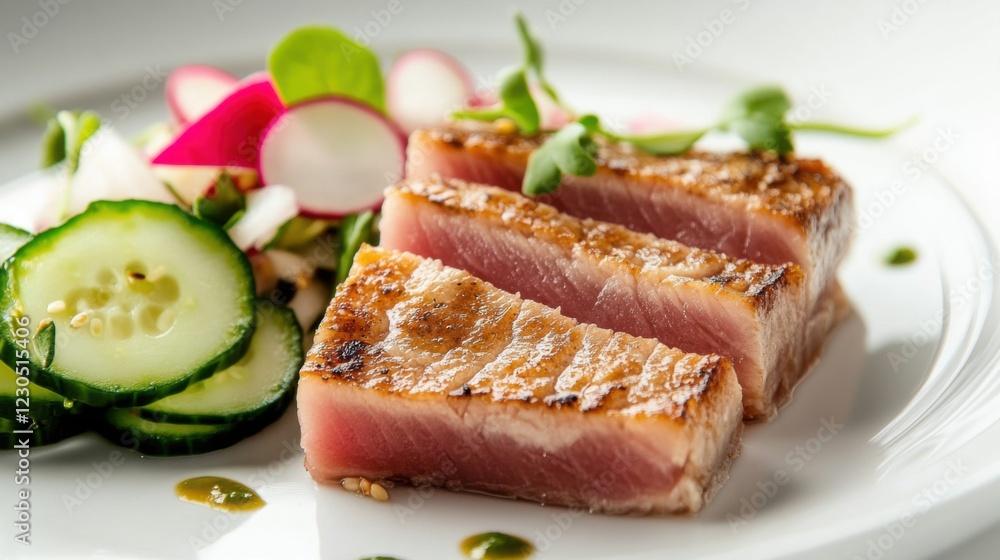 A perfectly seared tuna steak with a side of pickled cucumber and radish salad, Centered on a simple white plate, Soft warm light highlighting the texture and color of the tuna A perfectly seared tuna steak with a side of pickled cucumber and radish salad, Centered on a simple white plate, Soft warm light highlighting the texture and color of the tuna
