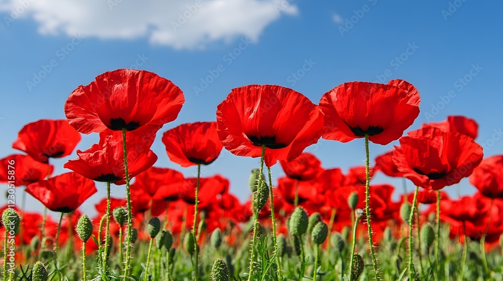 Naklejka premium Vibrant Red Poppy Field under Sunny Sky