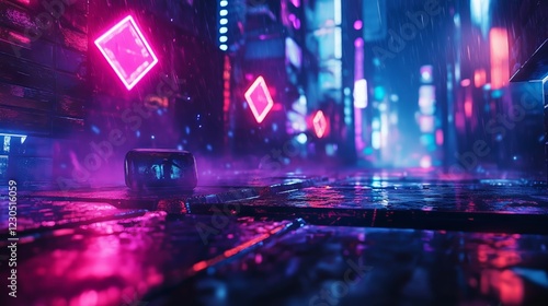 Cyberpunk Neon Street in the Rain with Futuristic Glow - made with Generative AI photo