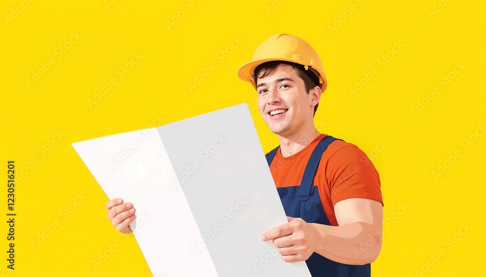 Smiling construction worker holding blueprints against yellow background Smiling construction worker holding blueprints against yellow background