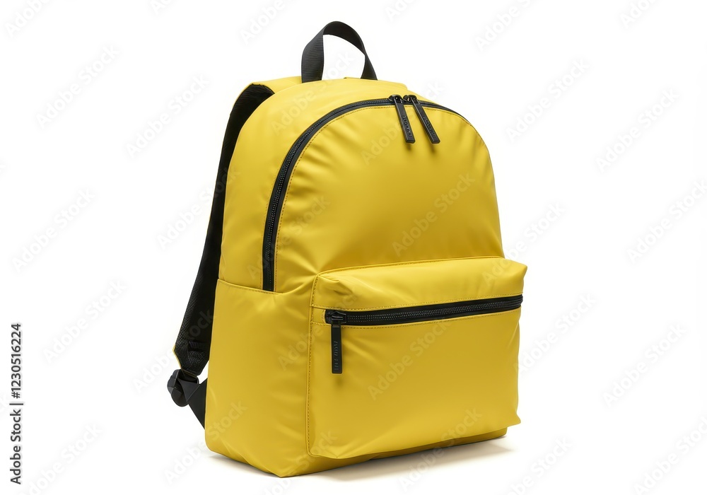 A vibrant yellow backpack with black straps and zippers isolated on a white background A vibrant yellow backpack with black straps and zippers isolated on a white background