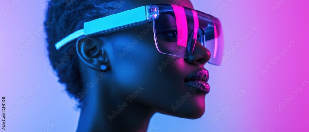 Closeup of a stylish Black woman wearing futuristic visor glasses with pink and blue neon lighting, concept of technology, fashion, and cyberpunk Closeup of a stylish Black woman wearing futuristic visor glasses with pink and blue neon lighting, concept of technology, fashion, and cyberpunk