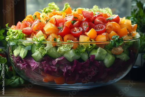 A vibrant layered vegetable salad in a glass bowl photo