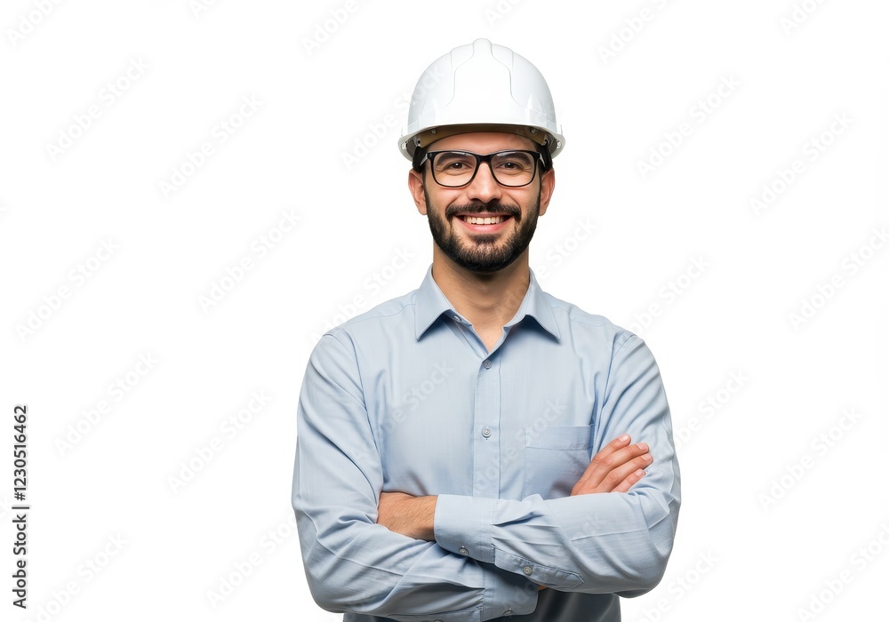 A professional man wearing glasses a white hard hat, and a light blue shirt with sleeves rolled up isolated on a white background A professional man wearing glasses a white hard hat, and a light blue shirt with sleeves rolled up isolated on a white background