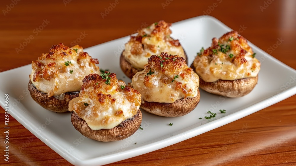 Stuffed mushrooms filled with eggs and herbs are beautifully arranged on a rustic wooden surface, perfect for a delightful meal Stuffed mushrooms filled with eggs and herbs are beautifully arranged on a rustic wooden surface, perfect for a delightful meal