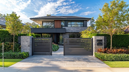 Classic gray sliding steel gate at the entrance of a modern suburban house, d for security and elegance