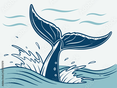 illustration of a whale tail splashing in the ocean, with waves and water droplets around it, capturing the majestic moment of a whale diving back into the sea.