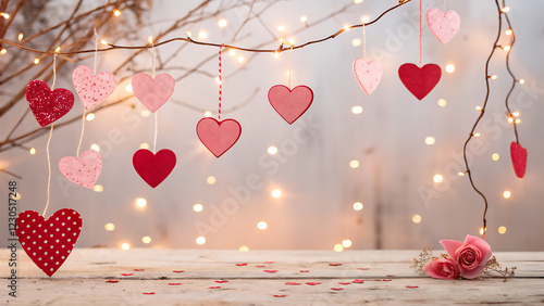 A dreamy Valentine's Day scene featuring various floating heart shapes in pink and red, glowing fairy lights photo