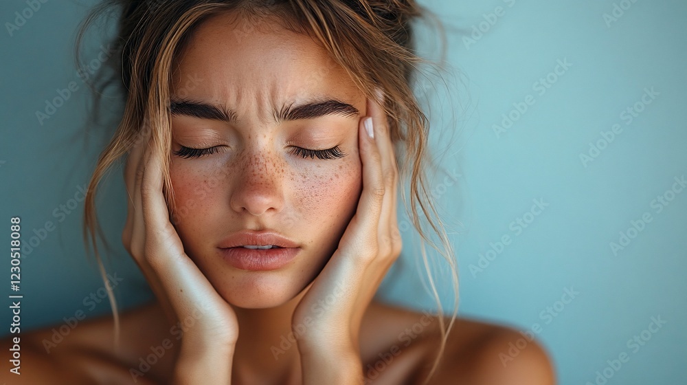 Young woman with freckles expressing emotion, softly lit against a blue background Young woman with freckles expressing emotion, softly lit against a blue background