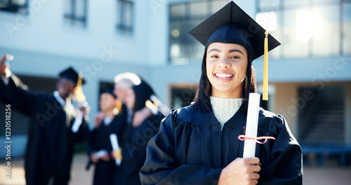 Tableau sur toile Graduation, student and woman with certificate, success and achievement for people with scholarship