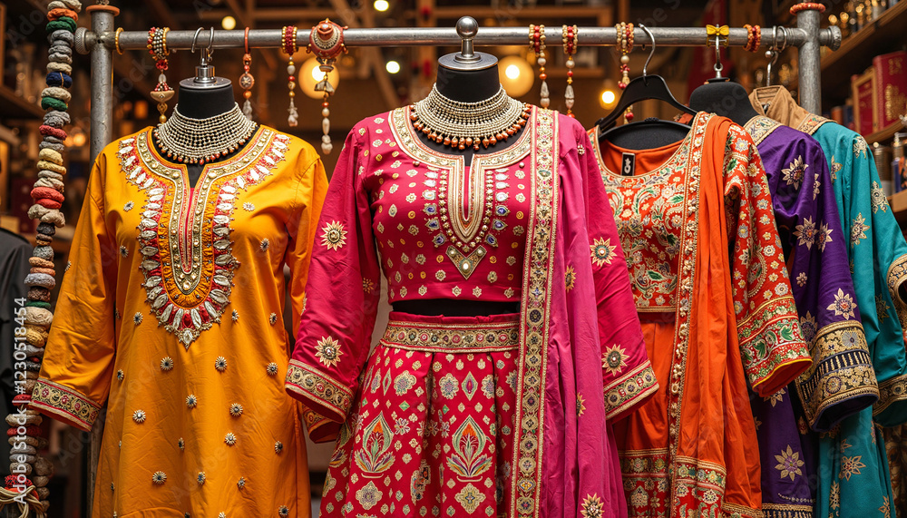 Fototapeta premium Colorful traditional outfits displayed in a boutique