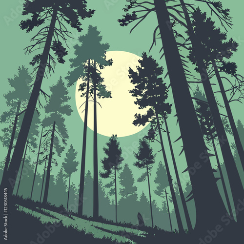 A dense forest with towering pine trees in silhouette against a full moon., trees in the forest