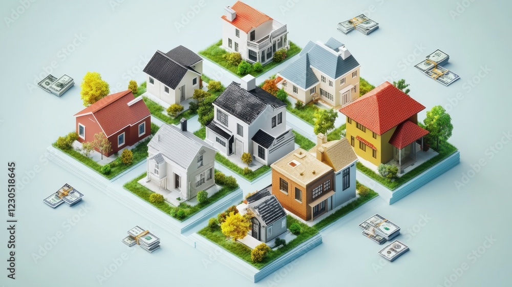 An image representing various aspects of real estate, including investment planning, property tax, mortgage financing, home sales, and insurance.