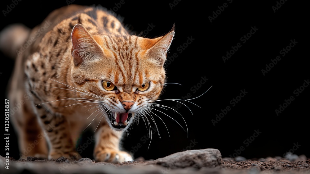 A fierce-looking Bengal cat prowls curiously in a natural setting, showcasing its distinct markings and intensity in a captivating way. A fierce-looking Bengal cat prowls curiously in a natural setting, showcasing its distinct markings and intensity in a captivating way.
