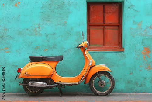 Orange Scooter Parked Against Turquoise Wall